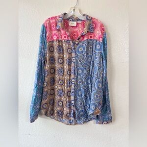 Anthropologie Pink and Blue Patterned Button Down Shirt